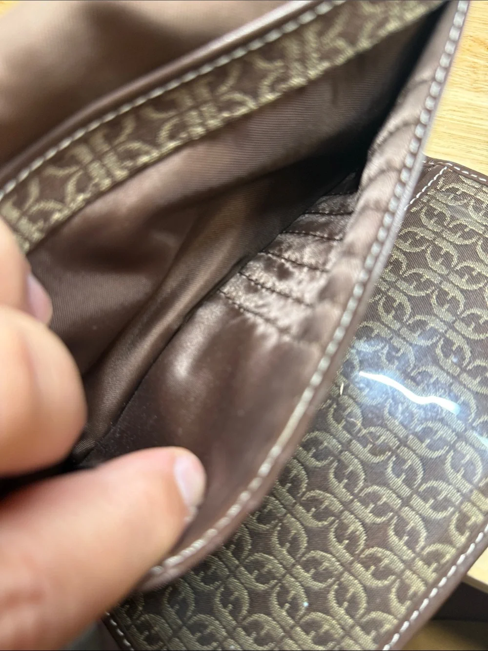 Fossil Brown Monogram Fold Wallet with Dark Brown Trim